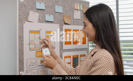 ux developer and ui designer brainstorming about mobile app interface wireframe design in the office, website designer, creative planning phone app de Stock Photo