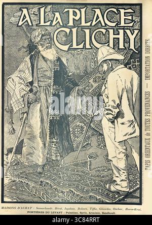 European man in pith helmet looking at Middle Eastern rugs in a bazaar, Vintage illustration, French, art 19th Century Stock Photo