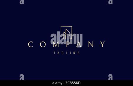 A vector golden logo featuring an abstract image two skyscrapers enclosed within a rectangular frame, symbolizing urban architecture. Stock Vector