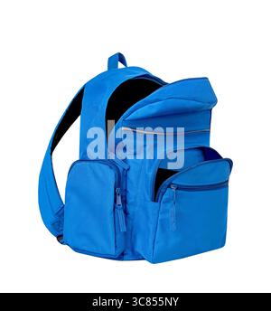 Blue backpack opened isolated on white.School bag advertisement design. Knapsack, rucksack,travel bag.Touristic items.Single object. Stock Photo