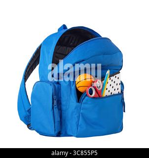 Blue backpack isolated on white, knapsack,schoolbag opened. Single object.School supplies,items. Stock Photo