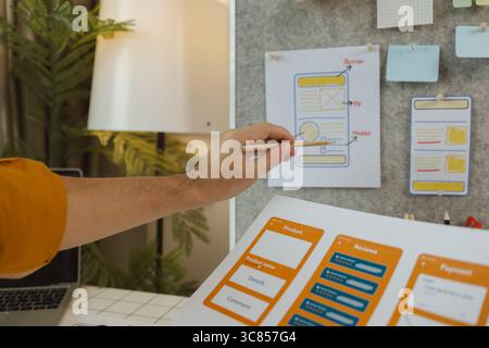 A web designer is using his idea to create a digital product design project that will meet the needs of users in terms of both appearance and feel whe Stock Photo