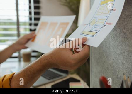 A web developer is analyzing data from his ideas to develop the structure and components of a digital product that best meets the needs of users, ux, Stock Photo
