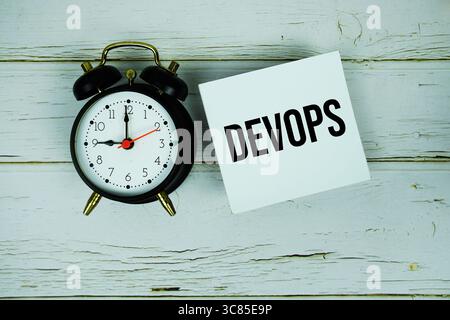 Devops text message on paper with alarm clock on wooden background Stock Photo