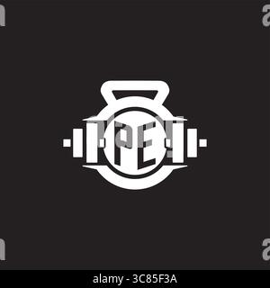 Initial PE logo design ideas with simple dumbbell and kettlebell icon vector graphic vector graphic Stock Vector