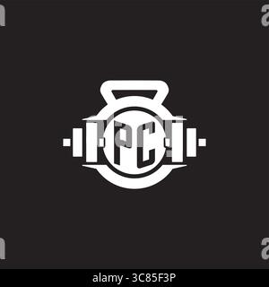 Initial PC logo design ideas with simple dumbbell and kettlebell icon vector graphic vector graphic Stock Vector