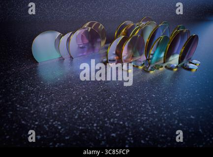 3D rendering of Overlapping Transparent Blue and Green Glass Discs Creating Abstract Patterns with Light and Reflection Effects Stock Photo