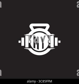 Initial MY logo design ideas with simple dumbbell and kettlebell icon vector graphic vector graphic Stock Vector