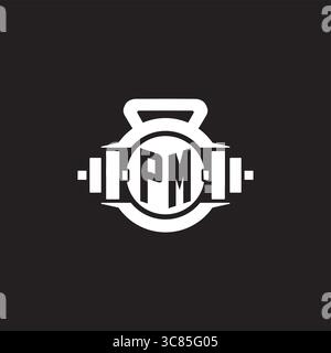 Initial PM logo design ideas with simple dumbbell and kettlebell icon vector graphic vector graphic Stock Vector