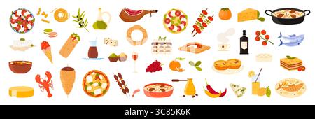Food and drink of Southern Europe set. Italian olive oil and Prosciutto di Parma, Greek Feta Cheese and Gyros, Souvlaki and Portugal Pastel de Nata, Spanish Paella cartoon vector illustration Stock Vector