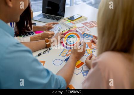 ux, ui, mobile app web designers are brainstorming to design a visual display that customers will see and feel comfortable using so color tones and la Stock Photo