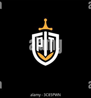 Creative letter PT logo gaming esport with shield vector graphic Stock Vector