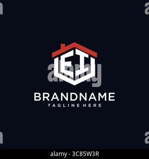 Initial letter EI logo with home roof hexagon shape design ideas vector graphic vector graphic Stock Vector