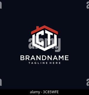 Initial letter CT logo with home roof hexagon shape design ideas vector graphic vector graphic Stock Vector
