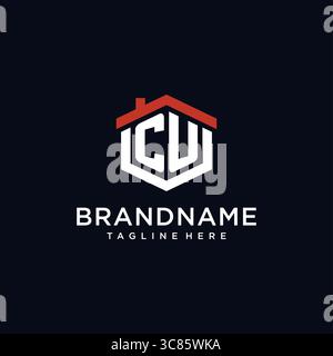 Initial letter CU logo with home roof hexagon shape design ideas vector graphic vector graphic Stock Vector