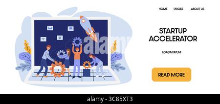 Team of people assembling gears in front of a laptop and rocket, symbolizing teamwork for startup launch. Concept of startup acceleration, innovation, Stock Vector
