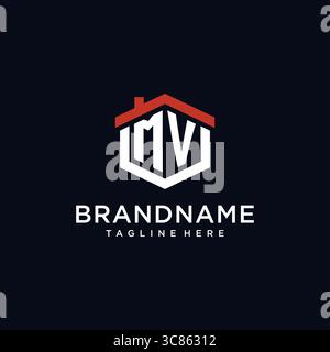 Initial letter MV logo with home roof hexagon shape design ideas vector graphic vector graphic Stock Vector