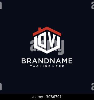 Initial letter OV logo with home roof hexagon shape design ideas vector graphic vector graphic Stock Vector