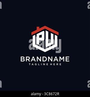 Initial letter PU logo with home roof hexagon shape design ideas vector graphic vector graphic Stock Vector