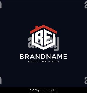 Initial letter RE logo with home roof hexagon shape design ideas vector graphic vector graphic Stock Vector