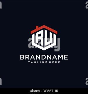 Initial letter RU logo with home roof hexagon shape design ideas vector graphic vector graphic Stock Vector