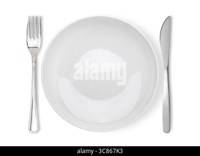 Dining Cutlery etiquette: to start eat. Fork and knife signals with location of cutlery set isolated on white with clipping path included Stock Photo