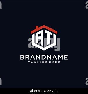Initial letter RT logo with home roof hexagon shape design ideas vector graphic vector graphic Stock Vector