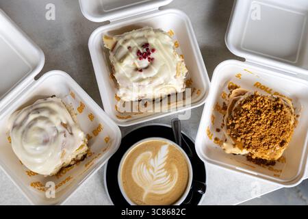 Selection of cinnamon rolls, Roll Boys residency at Saint Espresso Hackney, London, England Stock Photo