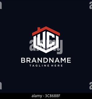 Initial letter WC logo with home roof hexagon shape design ideas vector graphic vector graphic Stock Vector