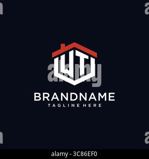 Initial letter WT logo with home roof hexagon shape design ideas vector graphic vector graphic Stock Vector
