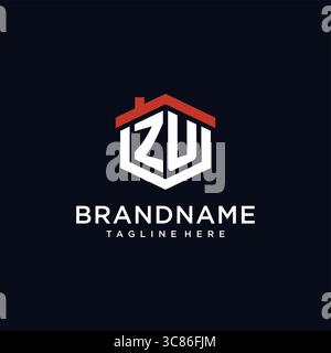 Initial letter ZU logo with home roof hexagon shape design ideas vector graphic vector graphic Stock Vector