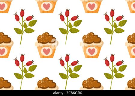 Seamless pattern with cupcake and autumn leaves with berries. Illustration in flat style. Suitable for menu, invitations, cards Stock Vector