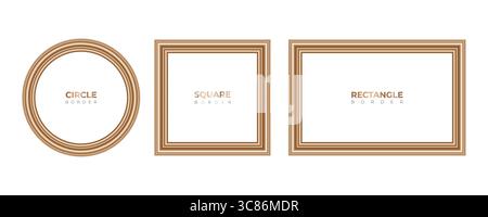 Set of golden border, wooden empty picture frames templates vector illustration Stock Vector