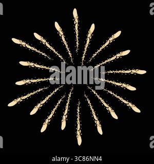 Fireworks collection. Gold explosion burst shape isolated on black background. Vintage light starburst symbol design element. Stock Vector
