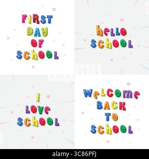 Colourful text, welcome back to school, hello school, i love school, first day of school Stock Vector