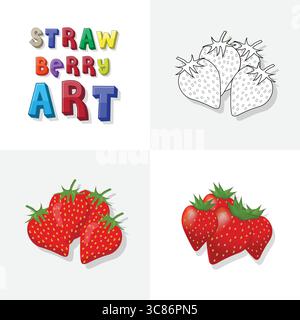 Strawberry art sketch, colouring page, flat and realistic strawberry fruit illustration for kids Stock Vector