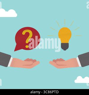 Question and answer, businessman hand holding question mark with other reply with lightbulb. solving problem or business solution Stock Vector