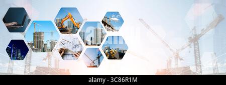 Construction Background. Various aspects of modern construction and urban development. The image includes cranes, excavators, building blueprints, high-rise construction sites, and digital planning all presented in a tech-inspired layout with hexagonal photo frames. This concept reflects smart building technologies, digital project management, architecture, civil engineering, and urban transformation. Ideal for illustrating themes of infrastructure growth, smart cities, and innovative development strategies.  Stock Photo