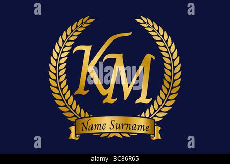 Initial letter K and M, KM monogram logo design with laurel wreath. Luxury golden emblem with calligraphy font. Stock Vector