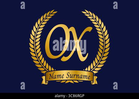 Initial letter O and X, OX monogram logo design with laurel wreath. Luxury golden emblem with calligraphy font. Stock Vector