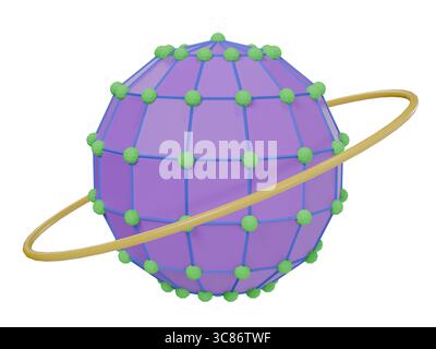 3D illustration of a purple sphere with golden orbit and green connection nodes, conceptual scientific or network design isolated on white. Stock Photo