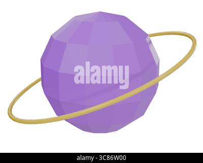 3D illustration of a purple geometric sphere with a golden orbit ring, futuristic abstract design isolated on white background. Stock Photo