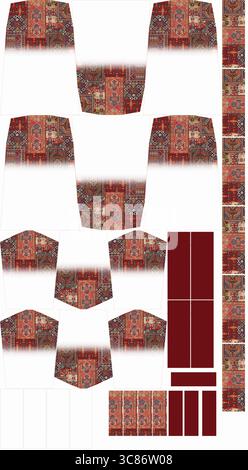 A complex carpet pattern with repeating motifs and rich colors creates a vintage textile design Stock Photo