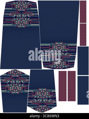 A geometric pattern in shades of blue, red, and pink creates an ethnic textile design Stock Photo
