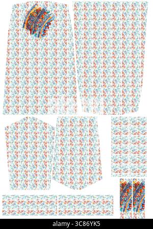 Fabric pieces with a colorful pattern are isolated on white background Stock Photo
