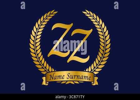 Initial letter Z and Z, ZZ monogram logo design with laurel wreath. Luxury golden emblem with calligraphy font. Stock Vector