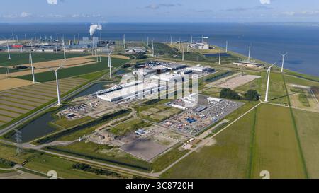 massive data center, computing center, aerial video in the Eemshaven, The Netherlands. Stock Photo