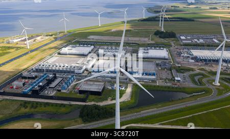 massive data center, computing center, aerial video in the Eemshaven, The Netherlands. Stock Photo
