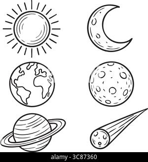 Outline illustrations of the sun, moon, earth, planets, and orbit lines. Stock Vector