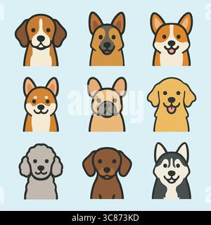 A repeating pattern of cartoon-style dog faces representing various breeds in a grid. Stock Vector